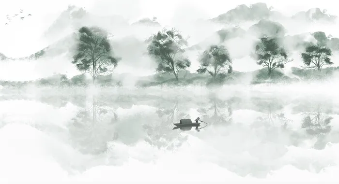 绿色湖面树木风景画PSD素材psd模版下载