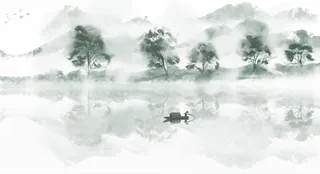 绿色湖面树木风景画PSD素材