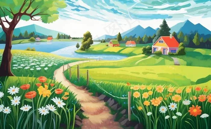 乡村村庄美丽风景河流插画农田插画背景(1408x864)