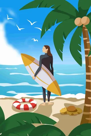 卡通清新暑期生活冲浪大暑处暑节气插画
