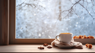 冬日窗外的雪景和窗台的咖啡摄影图