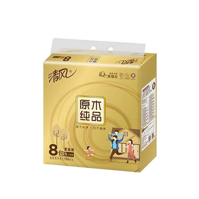清风 原木纯品抽取式面巾纸 130抽x8包／提超市商品白底图免抠实物摄影png格式图片透明底