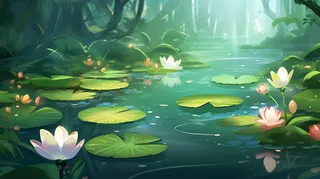 睡莲森林池塘卡通插画