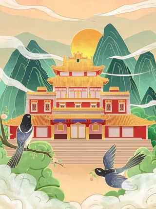 中国风国潮烫金仙鹤山水古建筑风景装饰插画背景PSD分层设计素材