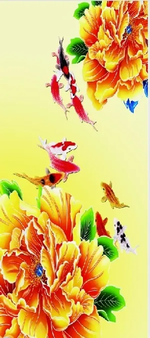 牡丹花九鱼玄关背景墙