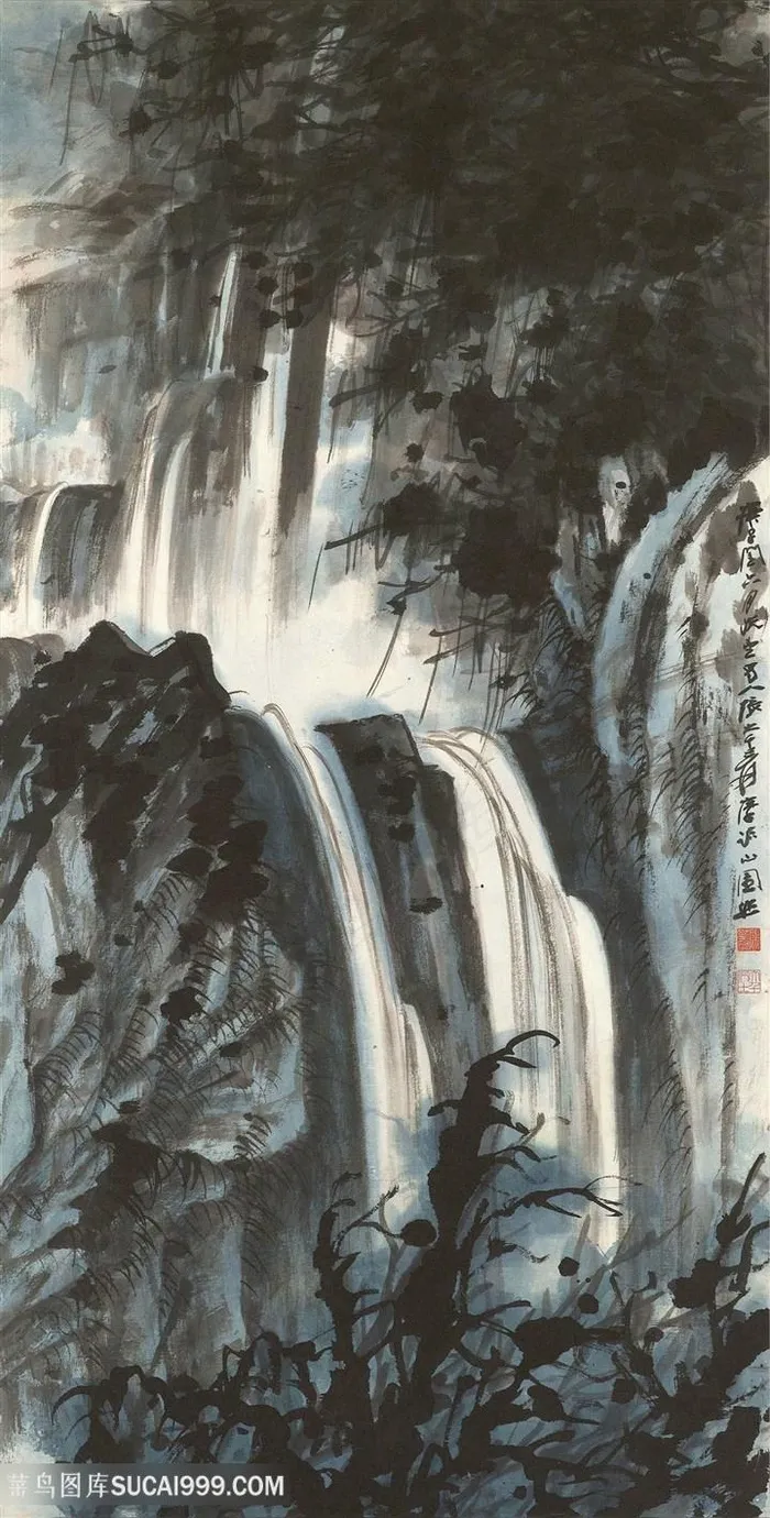 张大千山脉与瀑布国画国画图片