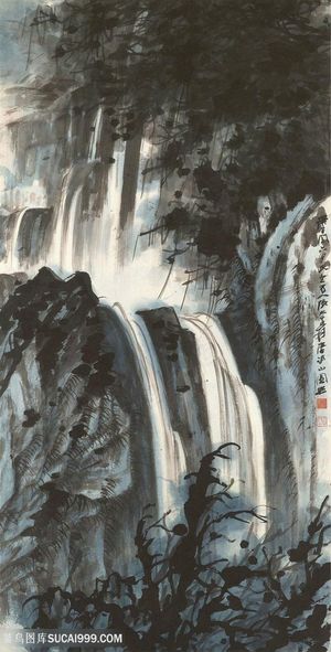 张大千山脉与瀑布国画国画图片 张大千山脉与瀑布国画国画图片