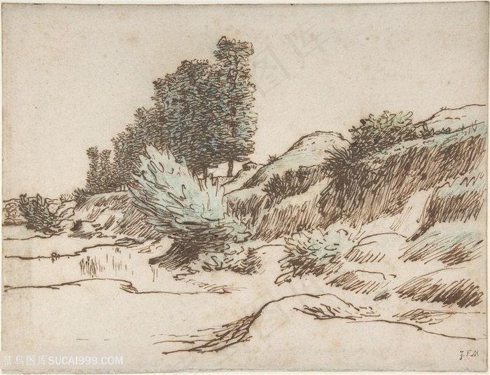 米勒手绘山脉树木装饰画