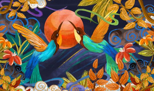 国潮风仙鹤喜鹊凤凰手绘插画