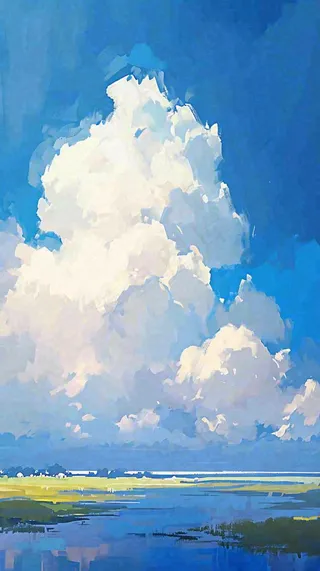 大自然湖面小溪草坪村庄蓝天白云，春天清新阳光