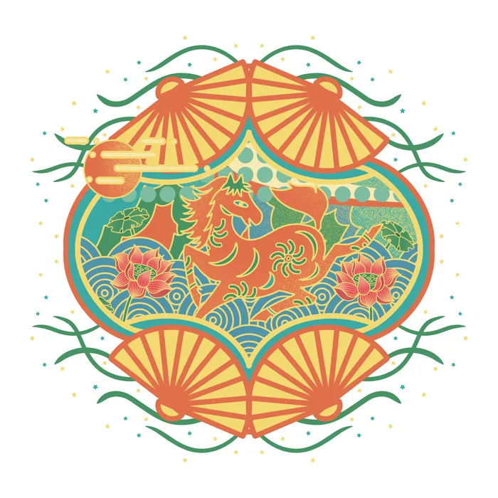 中国风国潮十二生肖马手绘烫金插画春节剪纸元素PSD设计素材psd模版下载