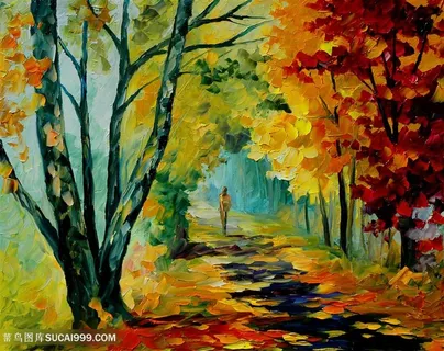 唯美树林小道风景画油画装饰画插画 唯美树林小道风景画油画装饰画插画