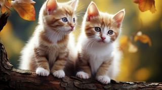 两只可爱的小猫咪站在树干树枝上玩耍摄影图