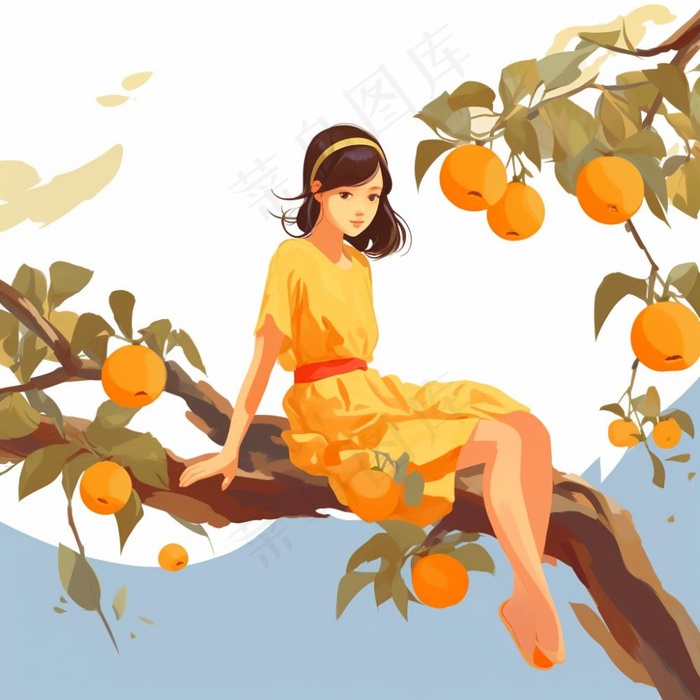 女孩坐着橘子柿子树上摘果子插画素材背景