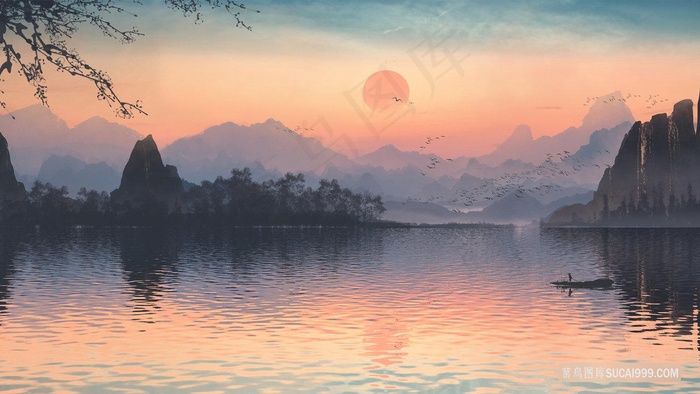 夕阳下的江南山川云雾湖光山色小舟