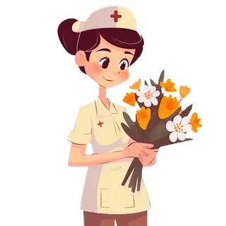 护士医生拿着花手绘插画免抠