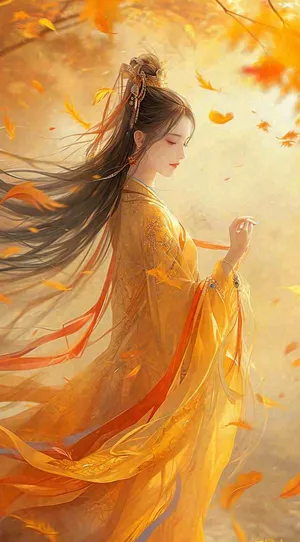 中国风秋天秋叶橙色古风美人手绘插画