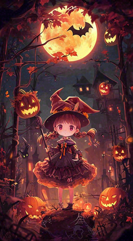 万圣节夜晚黑色南瓜恐怖卡通小鬼手绘插画(816x1472)