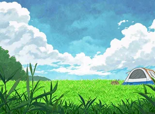 春天夏日清新草坪房车旅行露营玩耍手绘插画