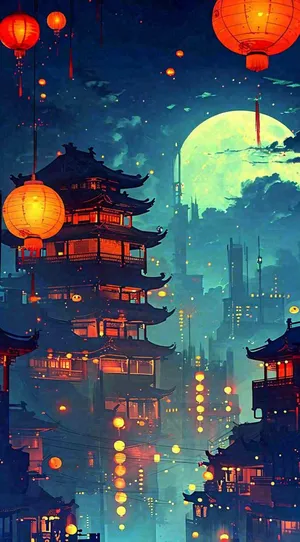 夜晚夜景月亮国风建筑灯笼星空浪漫,恐怖悬疑 夜晚夜景月亮国风建筑灯笼星空浪漫,恐怖悬疑