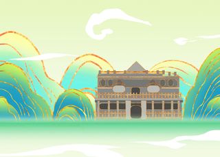 国潮鎏金广东张氏帅府地标建筑