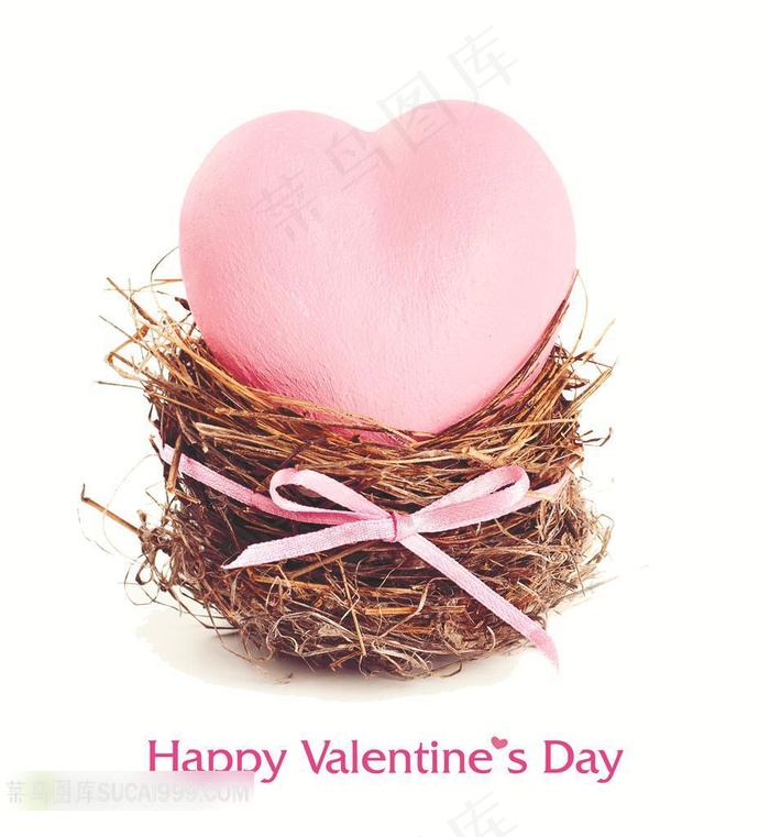 放在鸟巢里的粉色心形艺术摄影高清图片