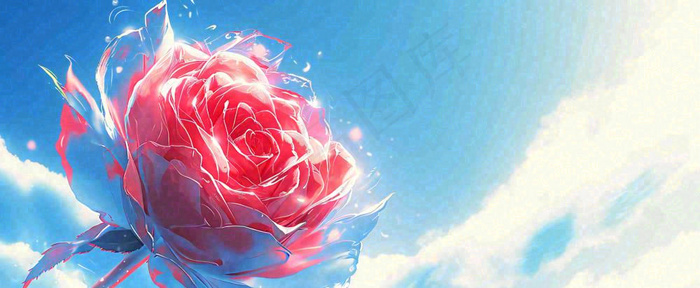 红玫瑰蓝色天空白云唯美，鲜花(1712x704)