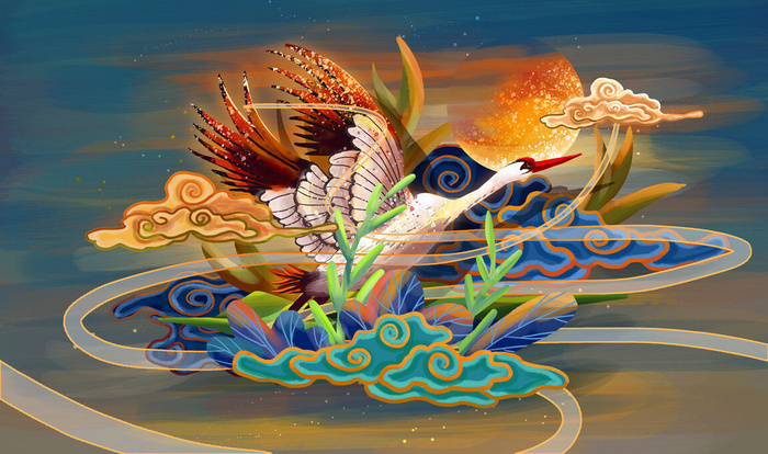 国潮风仙鹤喜鹊凤凰手绘插画