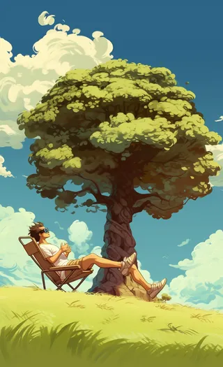 大树下躺椅上的男孩白云蓝天草原卡通插画素材