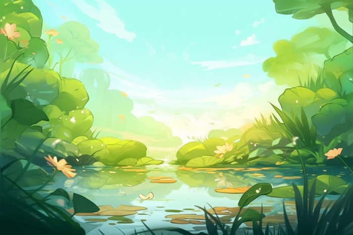 绿色荷花池温馨插画背景