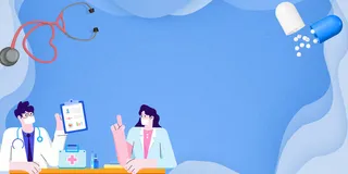 02-蓝色背景 卡通医生 听诊器 药片 医疗健康背景