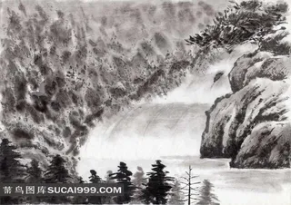 山间流水水墨画图片