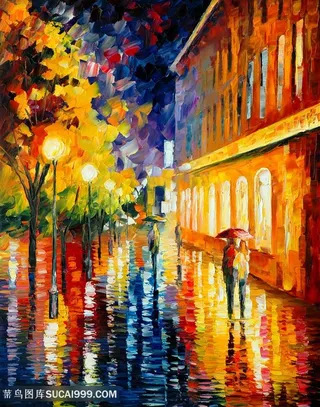 大树街道建筑水彩油画插画