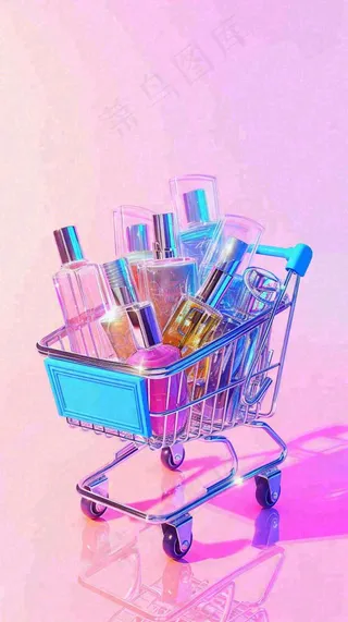 商品购物车电商美妆洗漱用品，彩色缤纷C4D