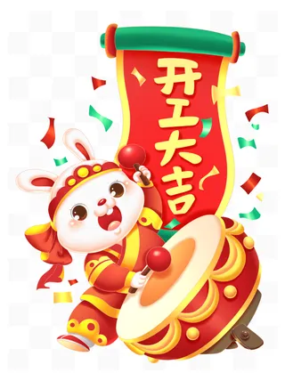 开工大吉兔子敲鼓手绘卡通素材