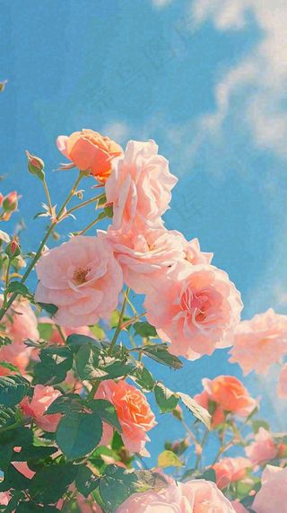 春天蓝天白云阳光下的浪漫粉色玫瑰枝叶绿叶