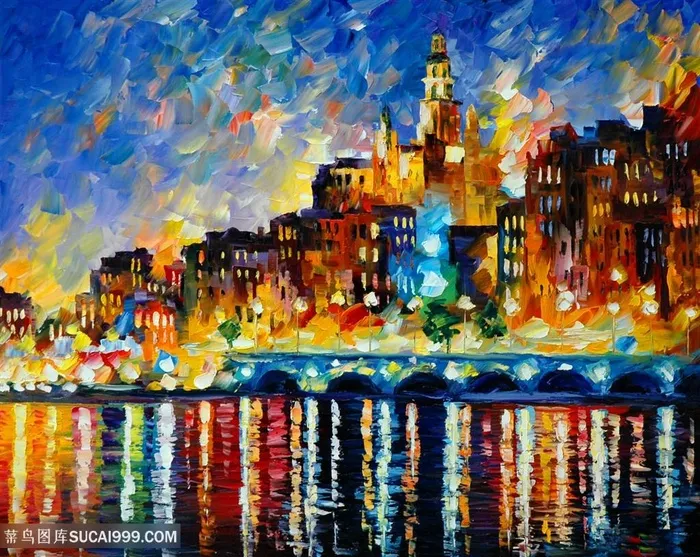 高楼大厦建筑湖畔油画美景插画装饰画