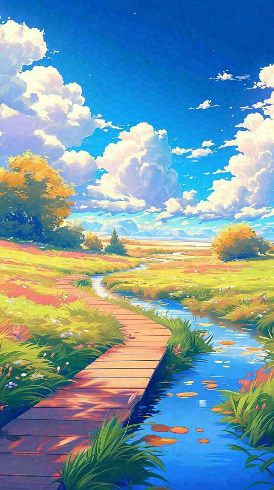 春天草坪河流小溪蓝天白云清新阳光手绘插画，立春春分(816x1456)