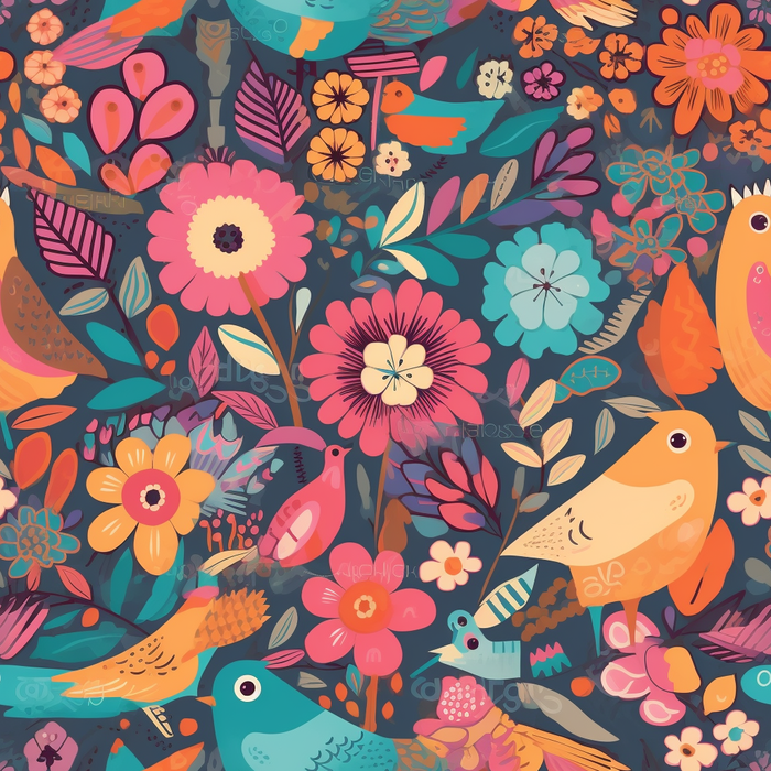 花鸟图，插画风格，无缝贴图，素材