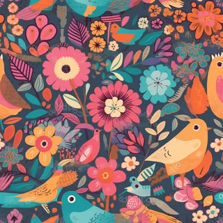 花鸟图，插画风格，无缝贴图，素材