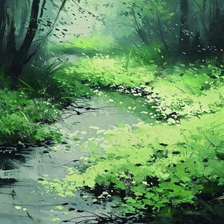 春天绿树成荫的树林里面小溪溪水飘着树叶和花瓣