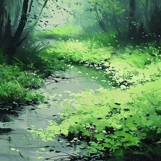 春天绿树成荫的树林里面小溪溪水飘着树叶和花瓣