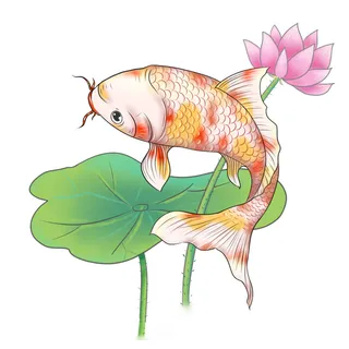 手绘国潮古风喜庆铜钱锦鲤鱼金鱼荷花插画场景装饰PSD设计素