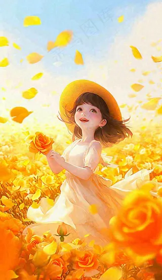 秋天温馨秋叶可爱少女插画，秋分小麦