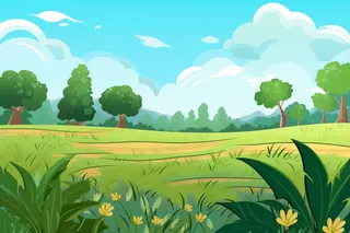 青青草原大树蓝天白云卡通插画