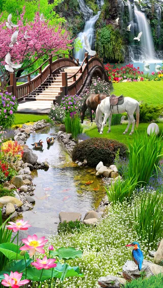 清新美丽木桥双马风景