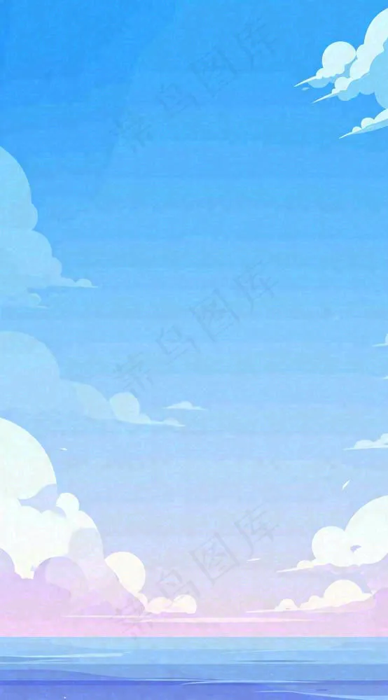 粉蓝渐变天空白云简约温馨，阳光海面海洋扁平插画(816x1472)