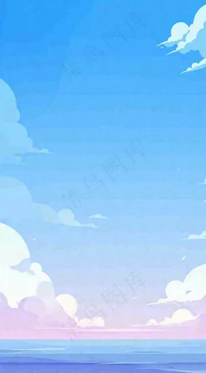 粉蓝渐变天空白云简约温馨，阳光海面海洋扁平插画