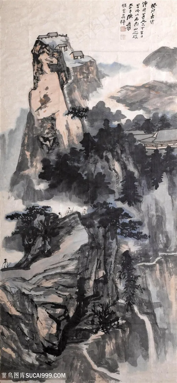 张大千水墨画水墨巍峨山脉风景画