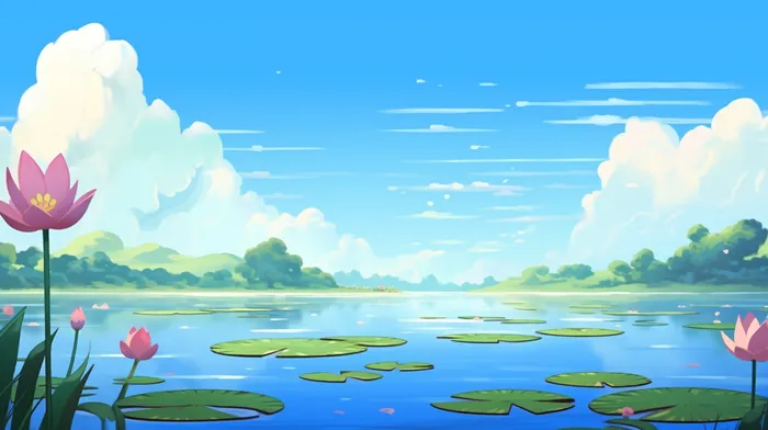 夏日湖面荷花睡莲远山白云卡通插画蓝色背景(4368x2448)